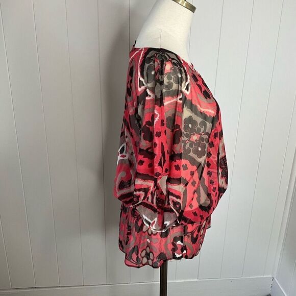 INC International Womens Medium Sheer Blouse Orange Brown Elastic Waist - Picture 6 of 14